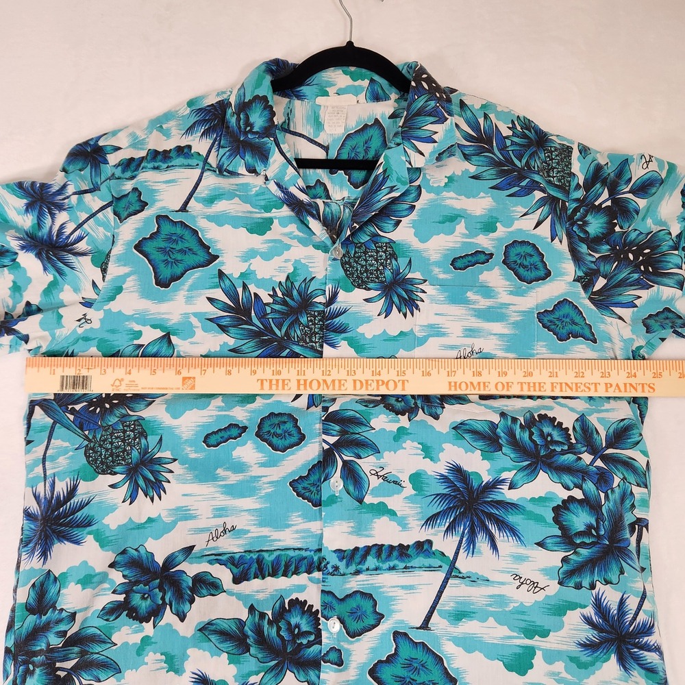 Vintage Made in Hawaii Aloha Shirt Mens Large Teal Blue Tropical Pineapple Palm - Picture 4 of 5